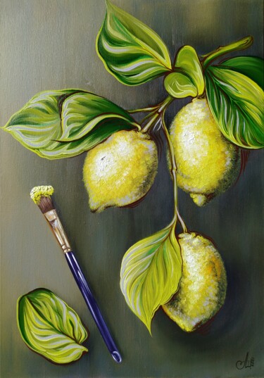 Painting titled "Lemons" by Anna Shabalova, Original Artwork, Oil Mounted on Wood Stretcher frame