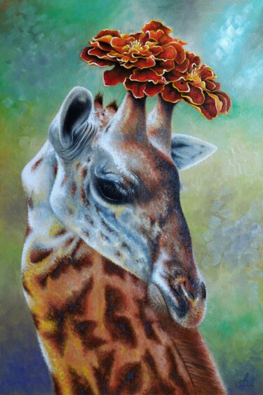 Painting titled "Lady Giraffe" by Anna Shabalova, Original Artwork, Oil Mounted on Wood Stretcher frame