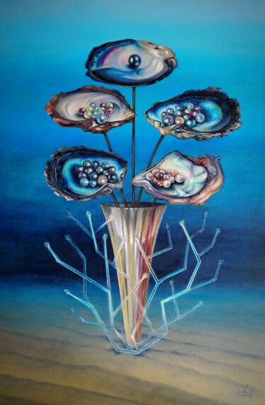 Painting titled "A bouquet for a mer…" by Anna Shabalova, Original Artwork, Oil Mounted on Wood Stretcher frame