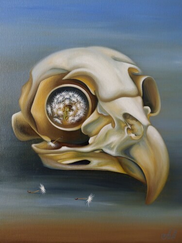 Painting titled "Owl (skull)" by Anna Shabalova, Original Artwork, Oil Mounted on Cardboard