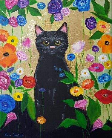 Painting titled "A kitten in a flowe…" by Anna Shostak, Original Artwork, Acrylic Mounted on Wood Panel