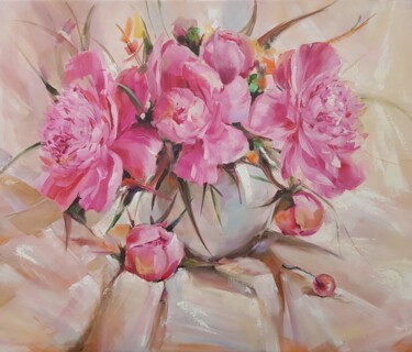 Painting titled "Peonies" by Anna Shostak, Original Artwork, Oil Mounted on Wood Panel