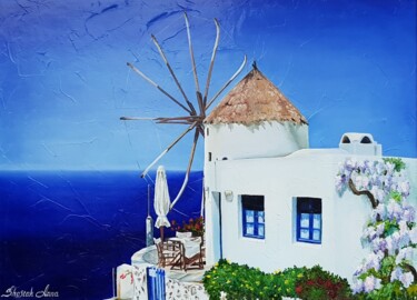 Pittura intitolato "Santorini" da Anna Shostak, Opera d'arte originale, Lacca Montato su Pannello di legno