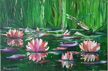 Painting titled "Water lilies" by Anna Shostak, Original Artwork, Lacquer Mounted on Wood Panel