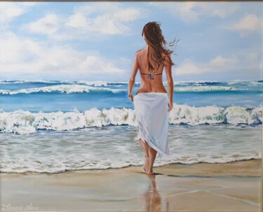 Pintura intitulada "Girl by the sea" por Anna Shostak, Obras de arte originais, Óleo Montado em Painel de madeira