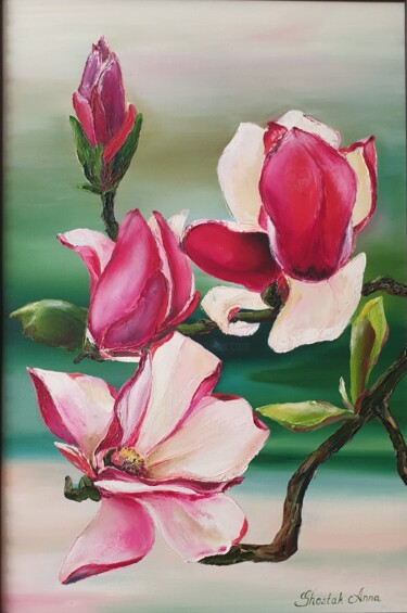 Malerei mit dem Titel "Magnolia" von Anna Shostak, Original-Kunstwerk, Lack Auf Holzplatte montiert