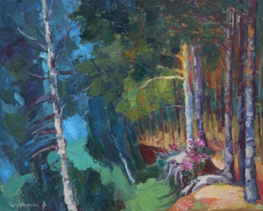 Painting titled "Sun in the forest" by Anna Shurakova, Original Artwork, Oil