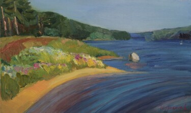 Painting titled "Summer day on the r…" by Anna Shurakova, Original Artwork, Oil
