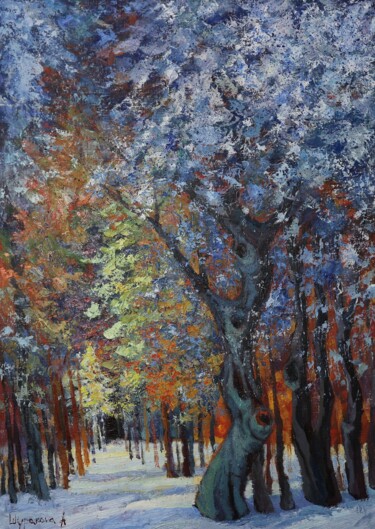Pittura intitolato "Winter alley" da Anna Shurakova, Opera d'arte originale, Olio