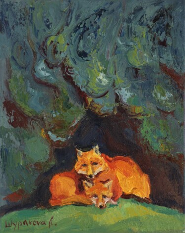 Картина под названием "Foxes in a hole" - Anna Shurakova, Подлинное произведение искусства, Масло