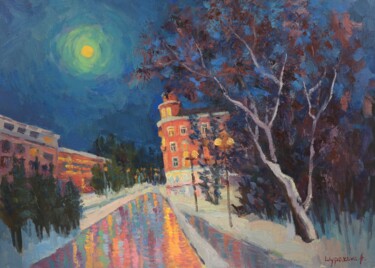 Painting titled "Moon over the city" by Anna Shurakova, Original Artwork, Oil