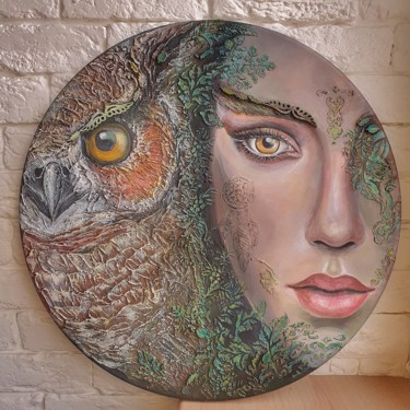 Painting titled "Female owl" by Anna Shuvaeva, Original Artwork, Acrylic Mounted on Wood Stretcher frame