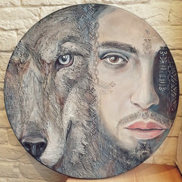 Painting titled "The Wolf Man" by Anna Shuvaeva, Original Artwork, Acrylic Mounted on Wood Stretcher frame