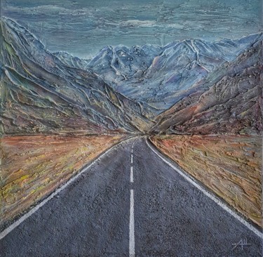 Painting titled "Road to the mountai…" by Anna Shuvaeva, Original Artwork, Acrylic Mounted on Wood Stretcher frame