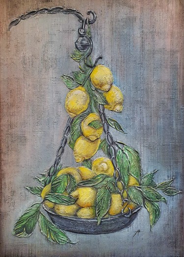 Painting titled "A bunch of lemons" by Anna Shuvaeva, Original Artwork, Acrylic Mounted on Wood Stretcher frame