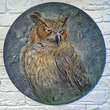 Painting titled "The owl" by Anna Shuvaeva, Original Artwork, Acrylic Mounted on Wood Stretcher frame