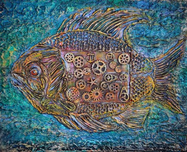 Pintura intitulada "FISH-PUNK" por Anna Shuvaeva, Obras de arte originais, Acrílico Montado em Armação em madeira