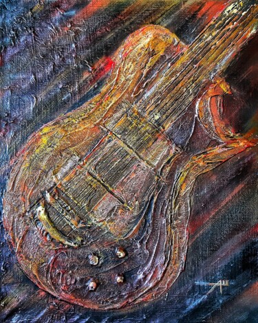 Painting titled "My dad's guitar" by Anna Shuvaeva, Original Artwork, Acrylic Mounted on Wood Stretcher frame