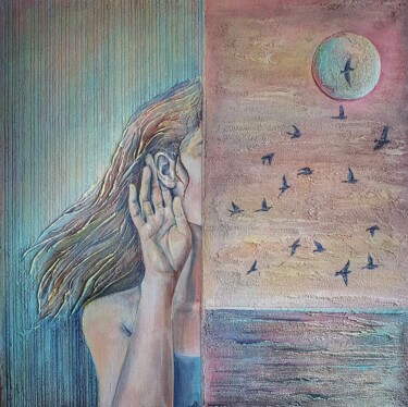 Painting titled "Listen to the sea" by Anna Shuvaeva, Original Artwork, Acrylic Mounted on Wood Stretcher frame