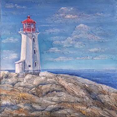 Painting titled "The lighthouse and…" by Anna Shuvaeva, Original Artwork, Acrylic Mounted on Wood Stretcher frame