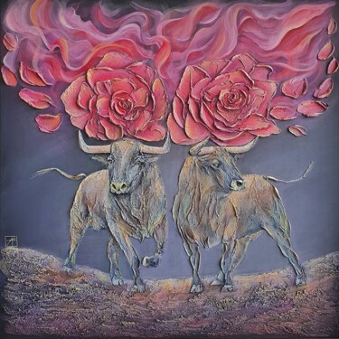 Painting titled "The bulls" by Anna Shuvaeva, Original Artwork, Acrylic Mounted on Wood Stretcher frame