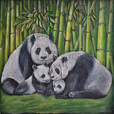 Painting titled "The Panda Family" by Anna Shuvaeva, Original Artwork, Acrylic Mounted on Wood Stretcher frame