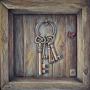 Painting titled "The keys with a his…" by Anna Shuvaeva, Original Artwork, Acrylic Mounted on Wood Stretcher frame
