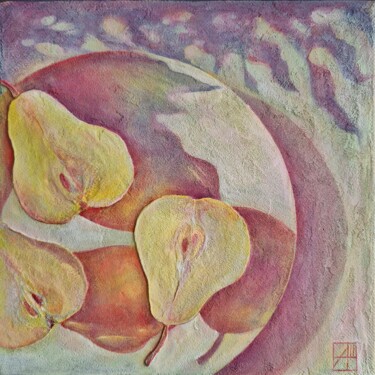 Painting titled "Sunny Pears" by Anna Shuvaeva, Original Artwork, Acrylic Mounted on Wood Stretcher frame