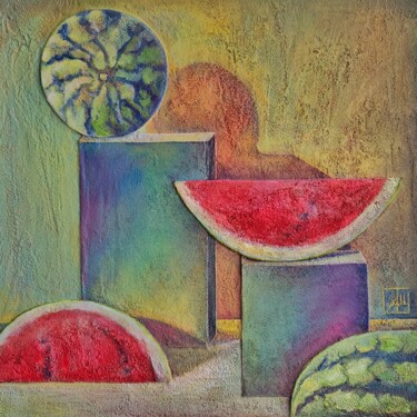 Painting titled "The Watermelon geom…" by Anna Shuvaeva, Original Artwork, Acrylic Mounted on Wood Stretcher frame
