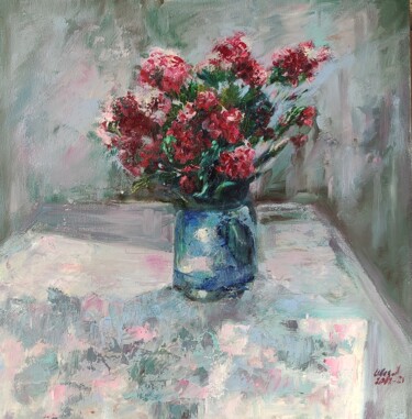 Картина под названием "Садовые цветы. Флок…" - Anna Shwed, Подлинное произведение искусства, Масло