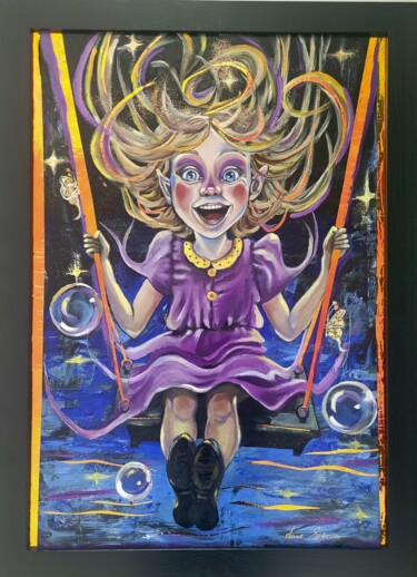 Painting titled "Girl on a Swing" by Anna Spencer, Original Artwork, Oil Mounted on Wood Panel