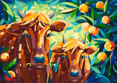 Peinture intitulée "Tangerine cows. Far…" par Anna Startseva, Œuvre d'art originale, Huile