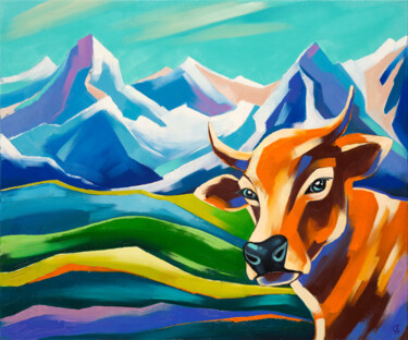 Schilderij getiteld "Alpine cow. Mountai…" door Anna Startseva, Origineel Kunstwerk, Olie