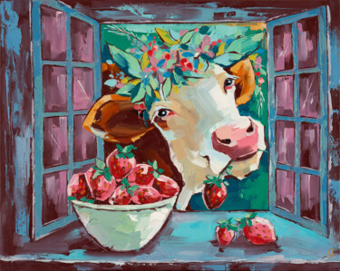 Painting titled "Strawberry cow. Far…" by Anna Startseva, Original Artwork, Oil