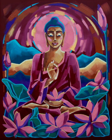 Pittura intitolato "Buddha in lotuses.…" da Anna Startseva, Opera d'arte originale, Olio