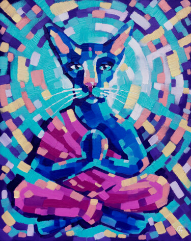 Картина под названием "Buddha cat. Meditat…" - Anna Startseva, Подлинное произведение искусства, Масло