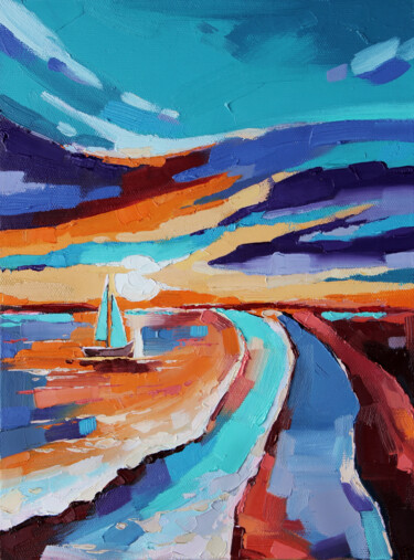 Peinture intitulée "Evening sea shore.…" par Anna Startseva, Œuvre d'art originale, Huile