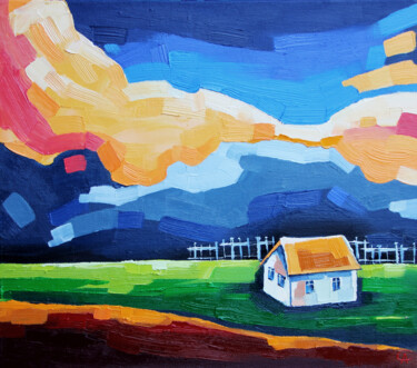 Painting titled "Evening landscape.…" by Anna Startseva, Original Artwork, Oil