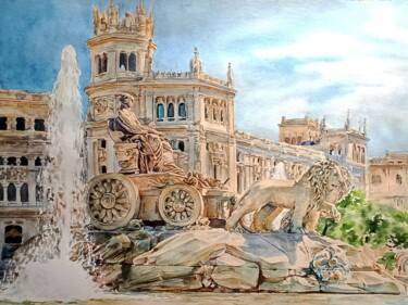 Pintura intitulada "Plaza de la Cibeles" por Anna Sukhonosova, Obras de arte originais, Aquarela