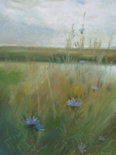 Картина под названием "Берег озера" - Anna Tikhomirova, Подлинное произведение искусства, Масло Установлен на Деревянная рам…