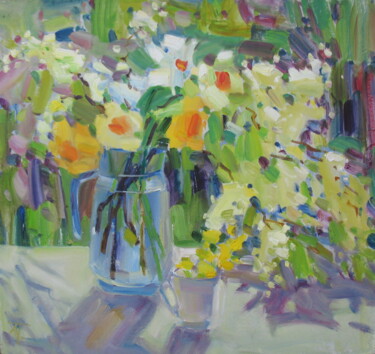 Pintura intitulada "Daffodils and bird…" por Anna Trachuk, Obras de arte originais, Óleo Montado em Painel de madeira