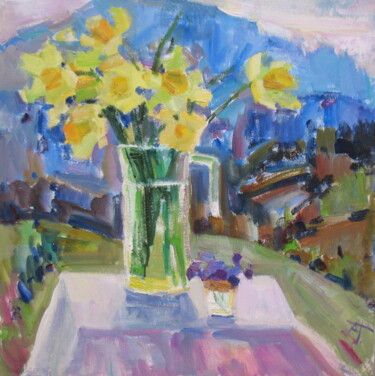 Painting titled "Daffodils and mount…" by Anna Trachuk, Original Artwork, Oil Mounted on Wood Stretcher frame