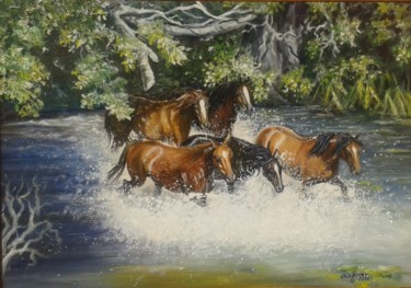 Painting titled "konie w wodzie" by Anna Kinga Troczyńska, Original Artwork
