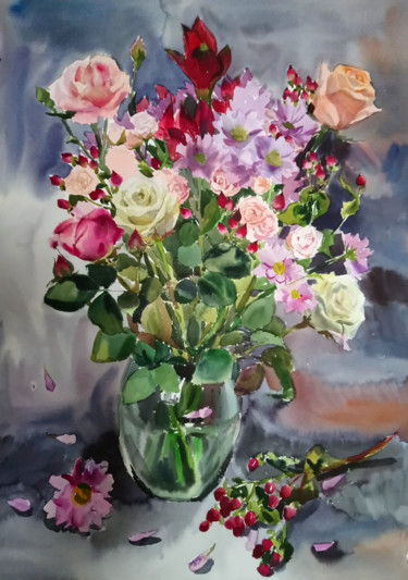Картина под названием "Цветочная фантазия" - Anna Ugrumova, Подлинное произведение искусства, Акварель