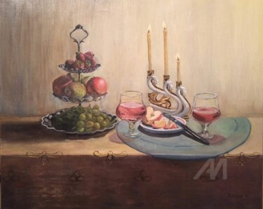 Still life with candles and fruit bowl Painting titled "Still life with can…" by Anna Ugusheva, Original Art, Oil