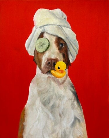 Schilderij getiteld "Dog's Duck 3" door Anna Voronina, Origineel Kunstwerk, Olie Gemonteerd op Frame voor houten brancard