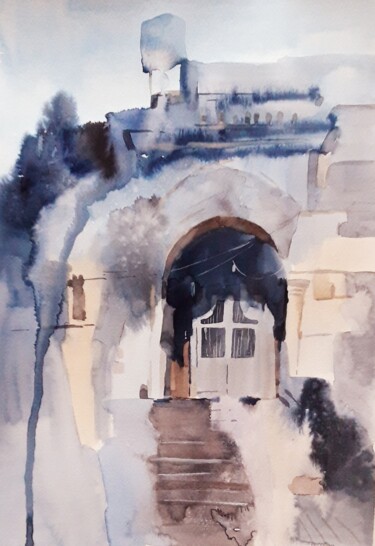 Painting titled "Old door." by Anna Yuzvinkevych, Original Artwork, Watercolor