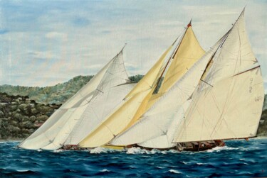Painting titled "Sails of Saint Trop…" by Anna Zhdanyuk, Original Artwork, Oil Mounted on Wood Stretcher frame