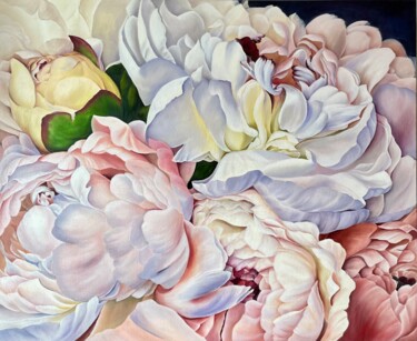 Painting titled "Bouquet of peonies" by Anna Zhdanyuk, Original Artwork, Oil Mounted on Wood Stretcher frame
