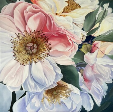 Painting titled "Peony L" by Anna Zhdanyuk, Original Artwork, Oil Mounted on Wood Stretcher frame